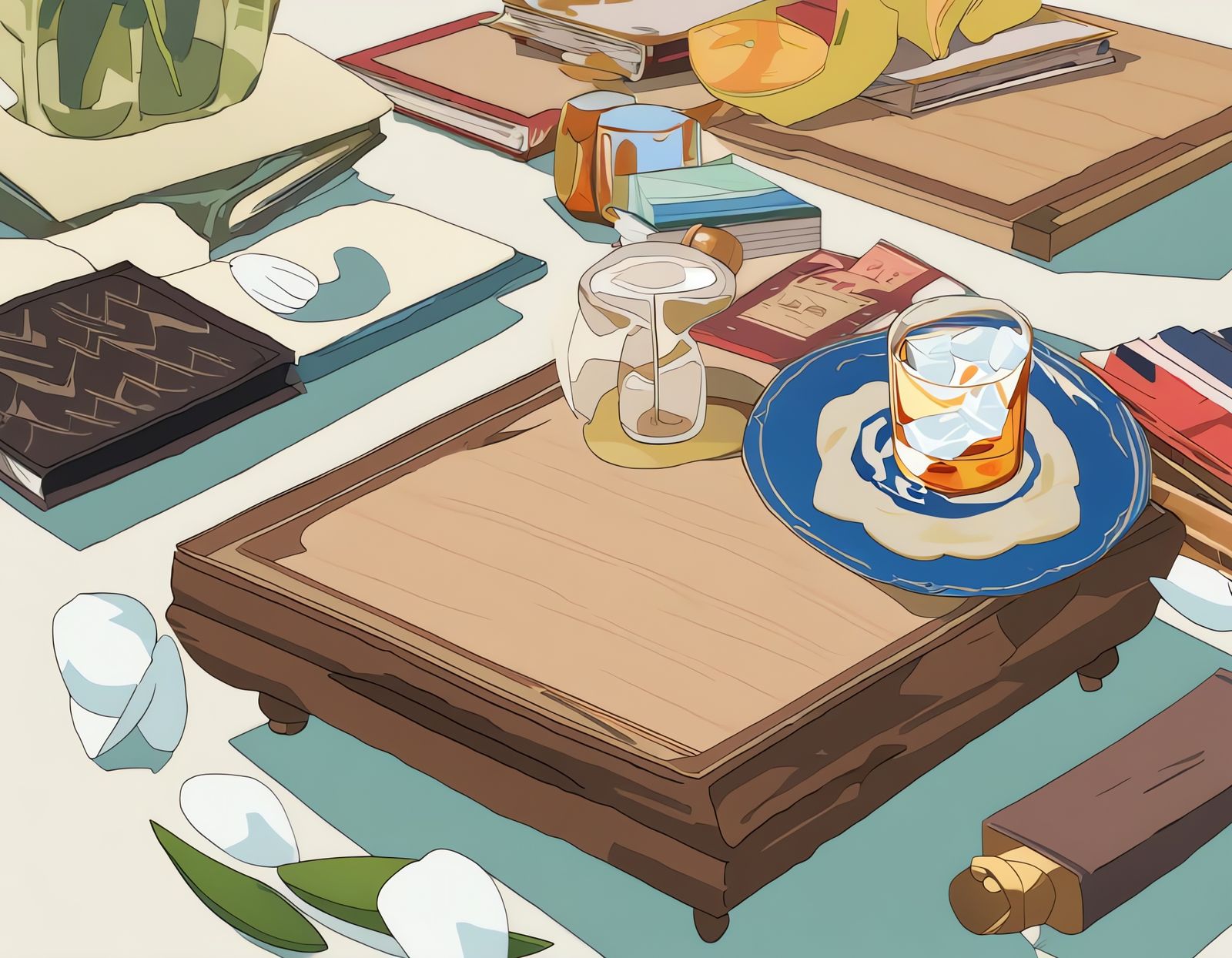 Surreal Still Life with Snowdrops and Whiskey in Anime Style