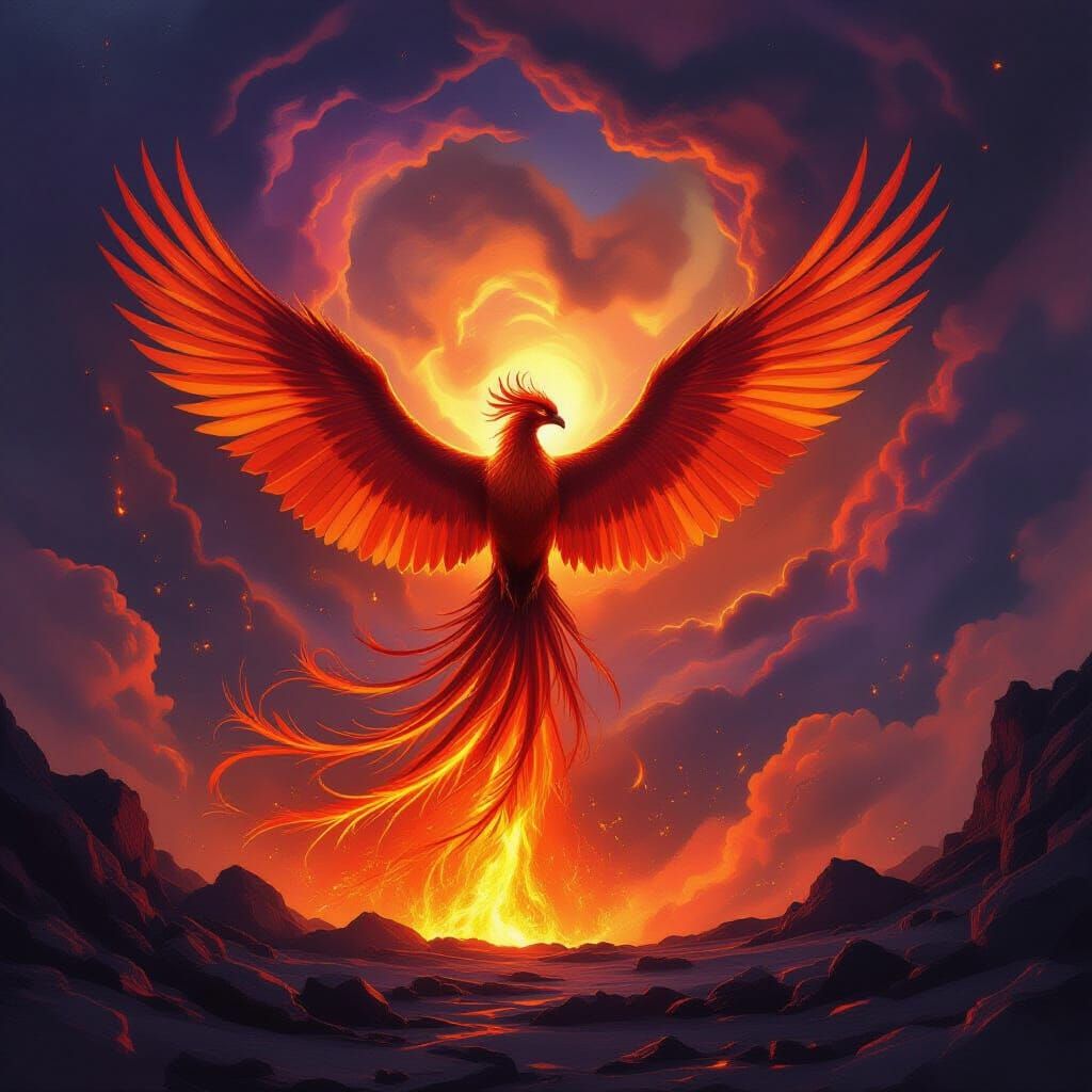 Majestic Phoenix Erupts From Volcano Under Fiery Nebula