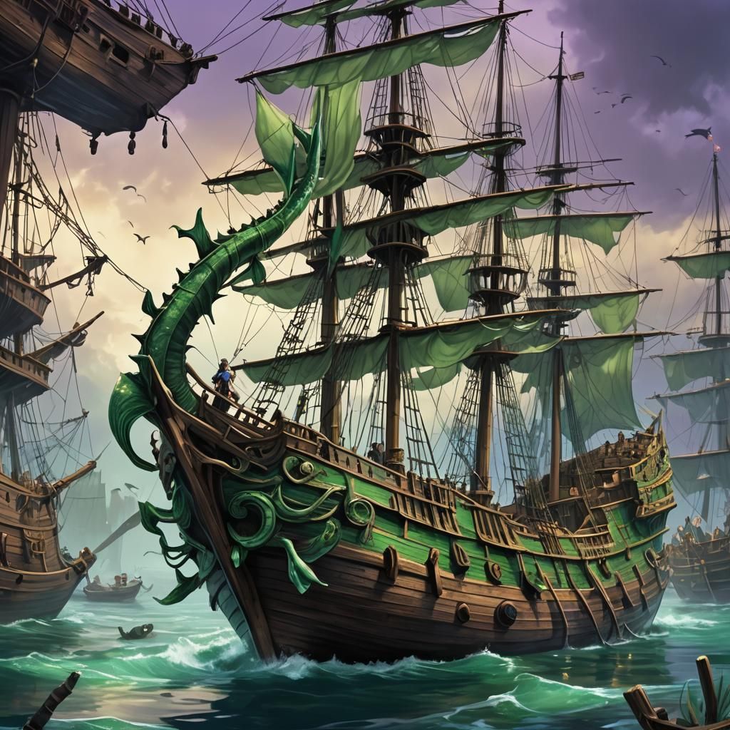 Sunken Galleon with Lavender Tentacles, Detailed Matte Paint...