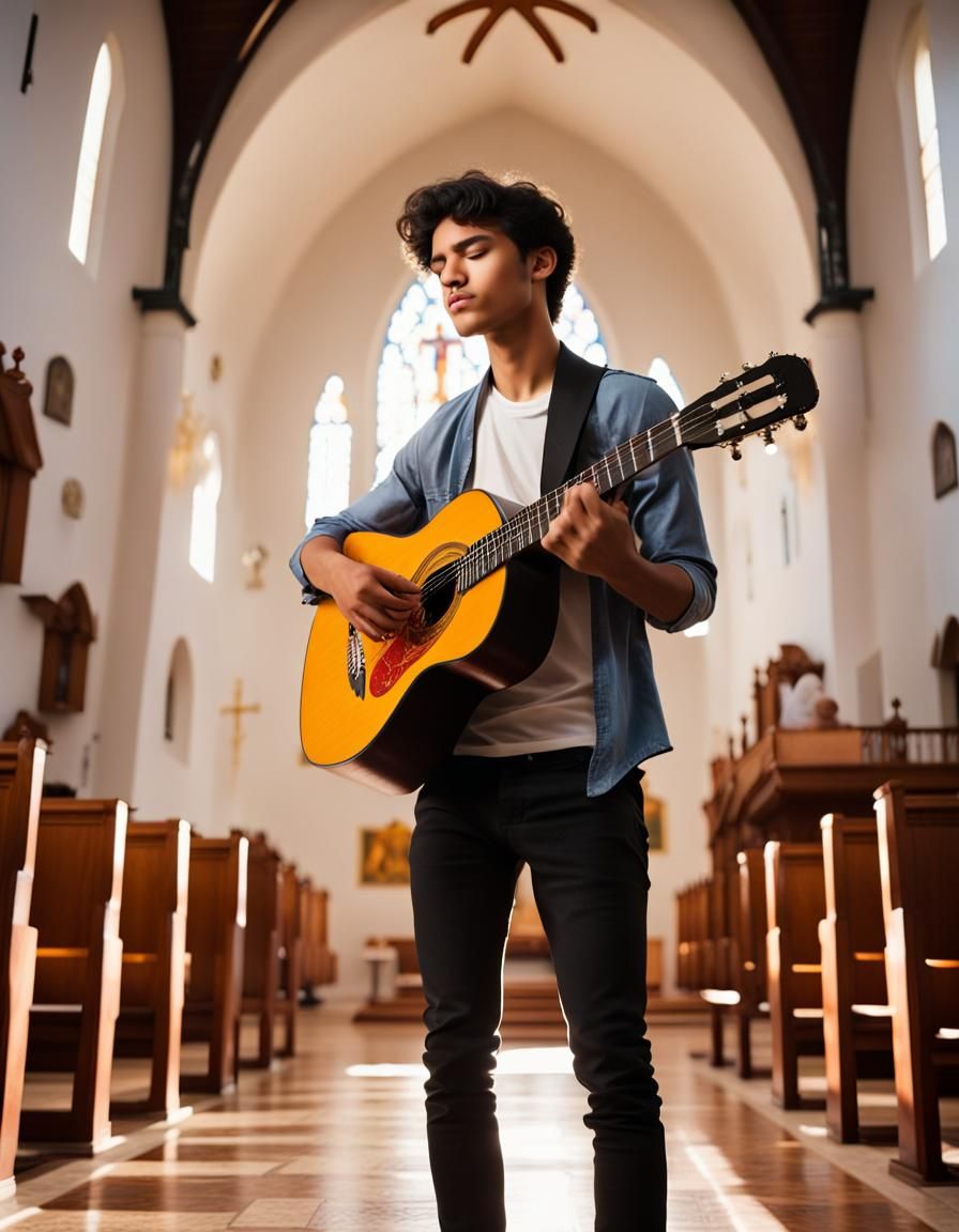 Handsome Latino Guitarist in Sunlit Church