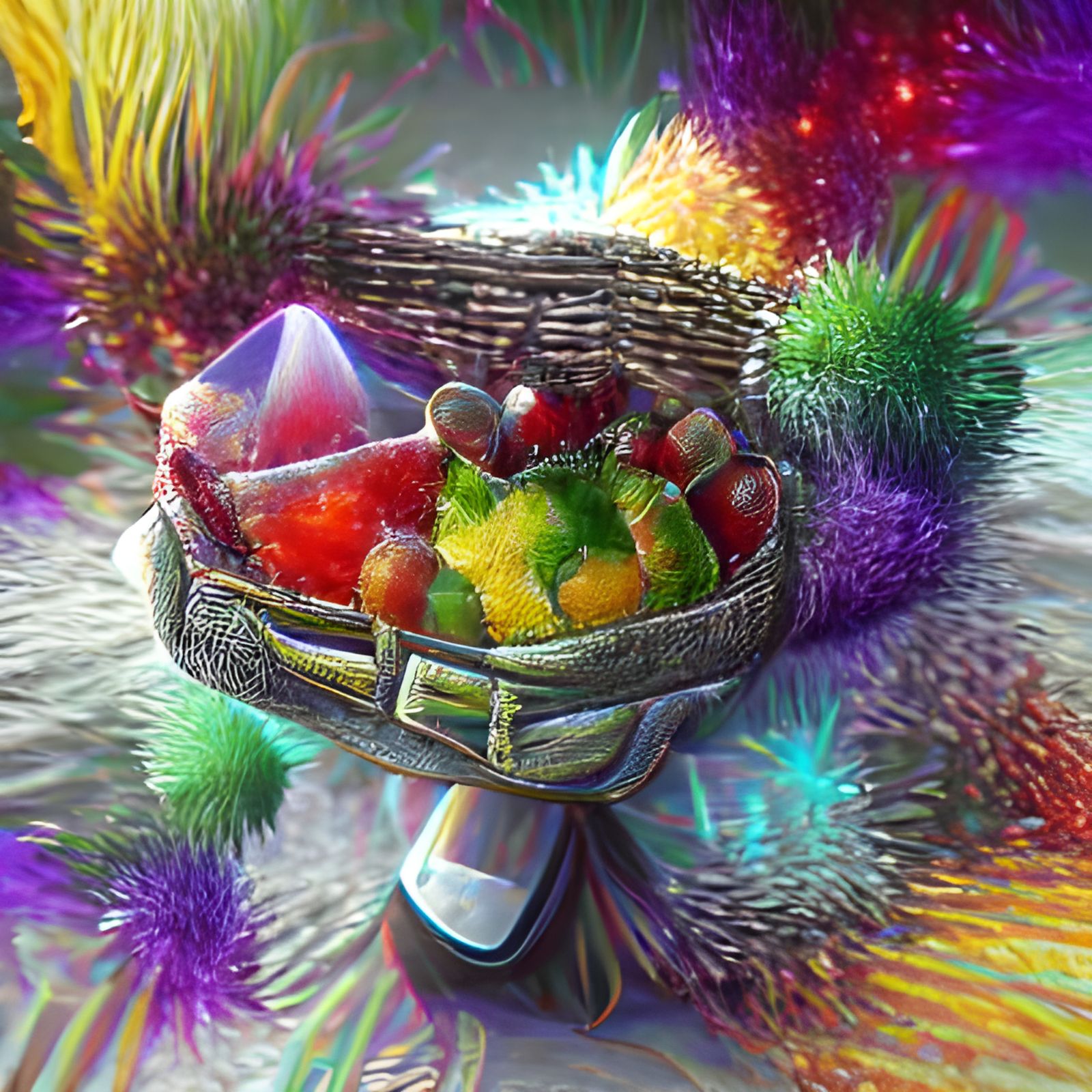 Colorful Fruit Basket with Crystals in 8K 3D
