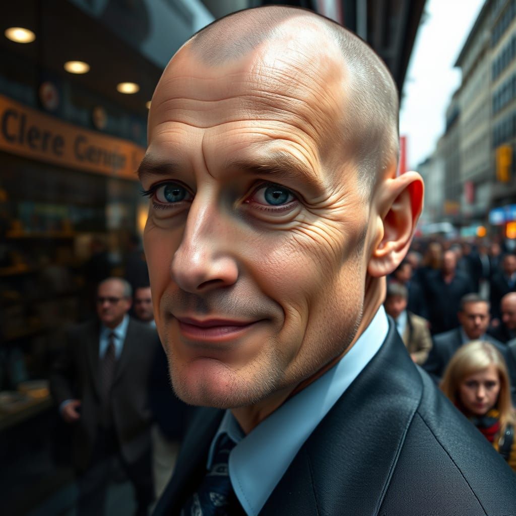 Man in Suit Gazes into Storefront Window in Bustling City