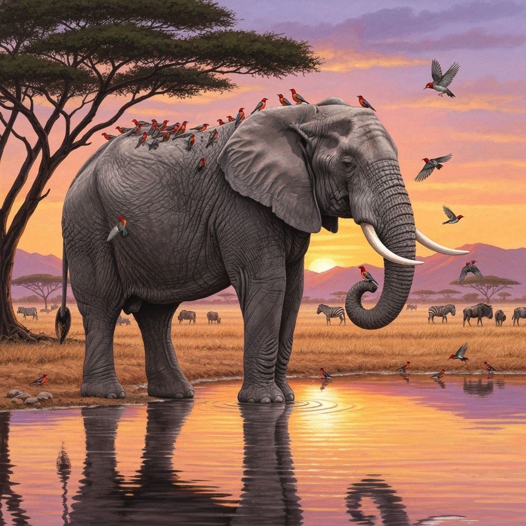 Elephant and Birds at Sunset Gouache Painting
