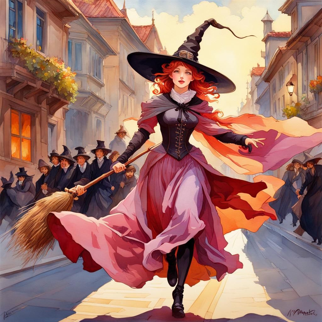 Goth Witch Rides Through Town in Gouache Style