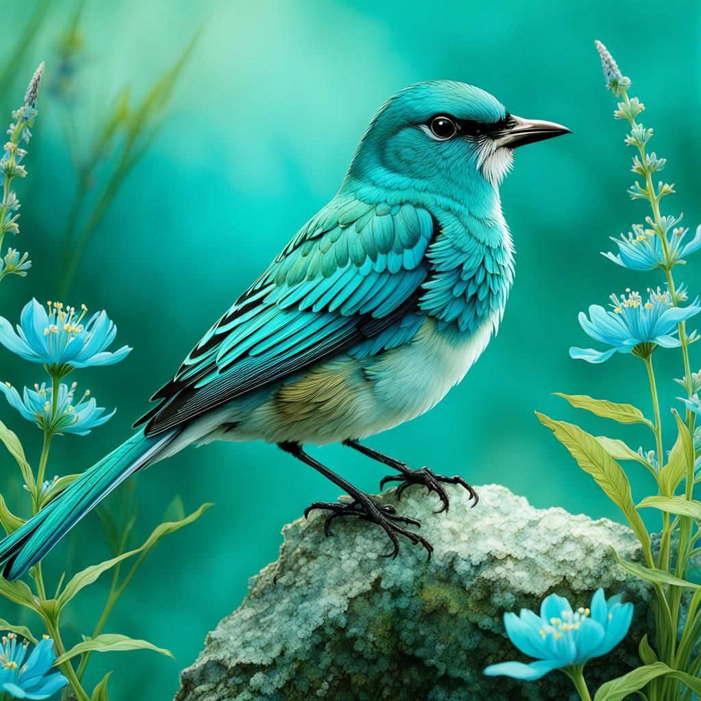 Turquoise Bird on Wildflowers, Rackham Style