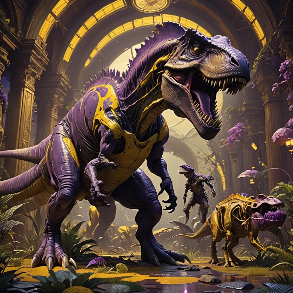 Yellow Alien Captures T-Rex: Dark Fantasy Concept Art