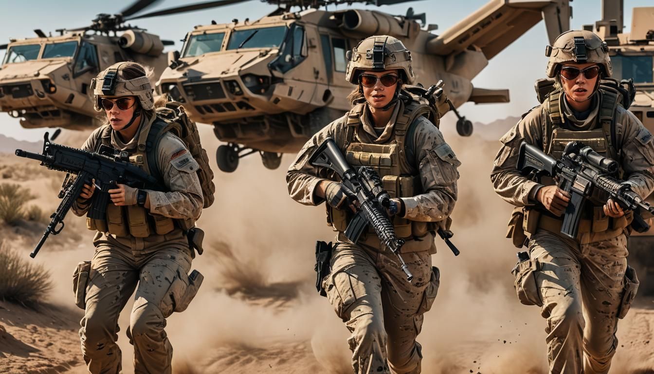 U.S. Marine Women Charging in Desert Ambience