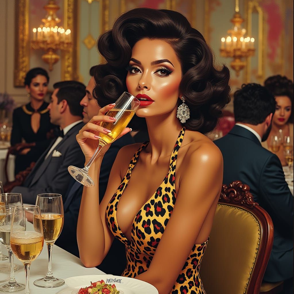 Glamorous Woman in Leopard Print, Sipping Champagne at a Lux...