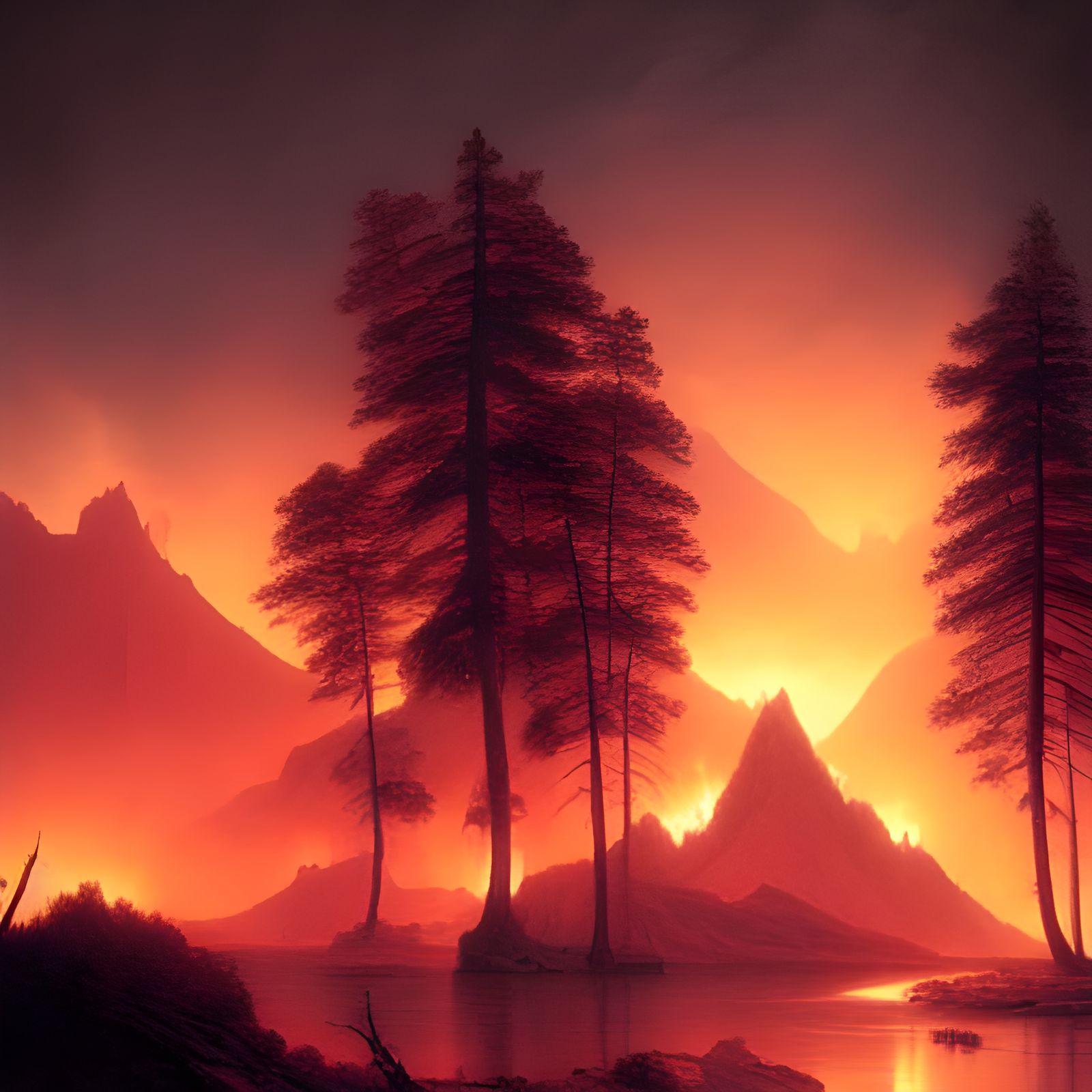 Glowing Fire Lake in Dark, Detailed Landscape