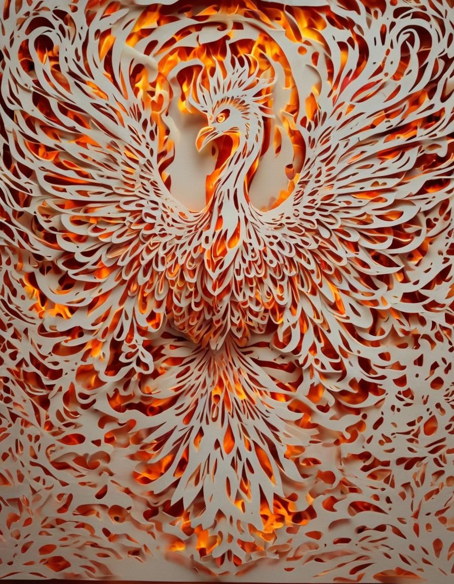 ((((Paper Is Burning on FIRE!))) Kirigami Art Intricate Cuts and Folds depicting Beautiful Fiery Phoenix Psychedelic Col...