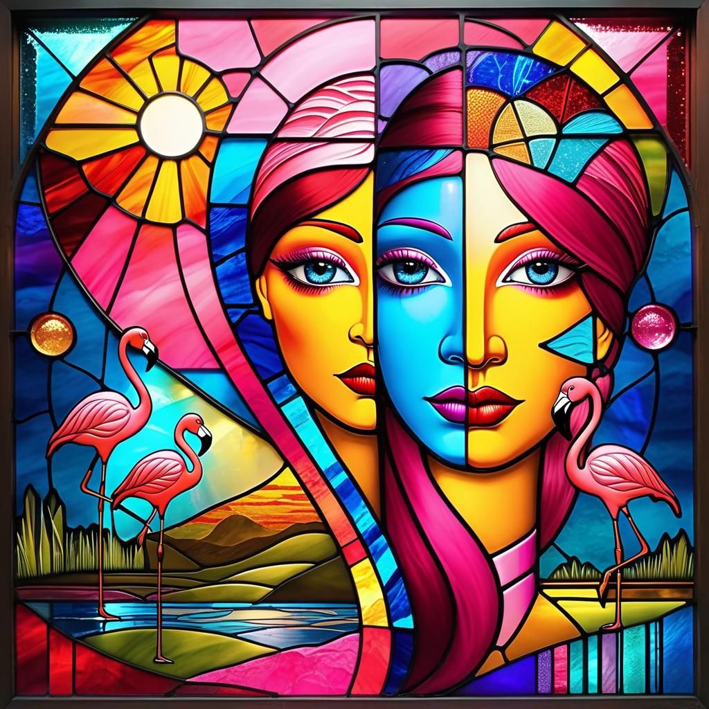 Surreal Dreamscape with Pink Flamingos in Stained Glass