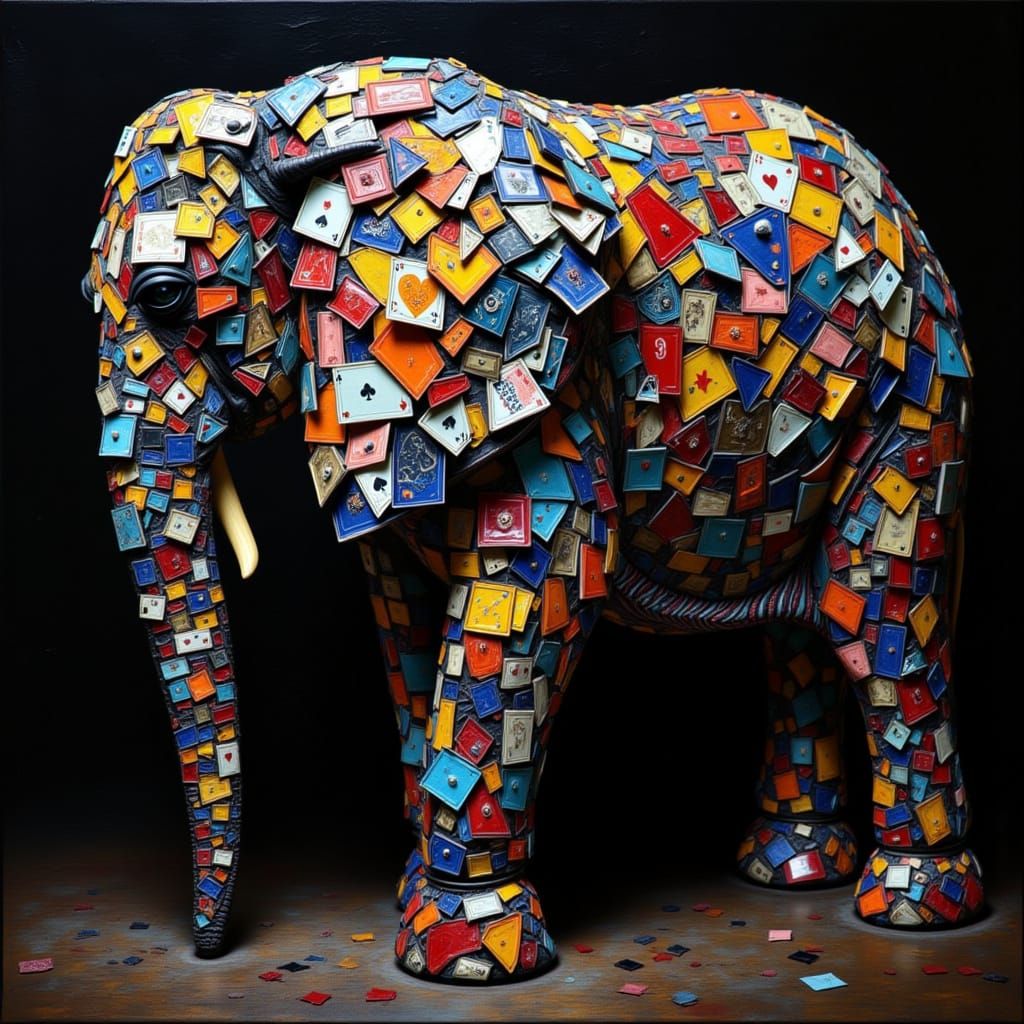 An elephant made out of playing cards. with deep texture wit...