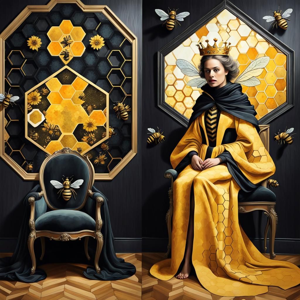 Queen Bee on Hive Throne in Vibrant Gouache