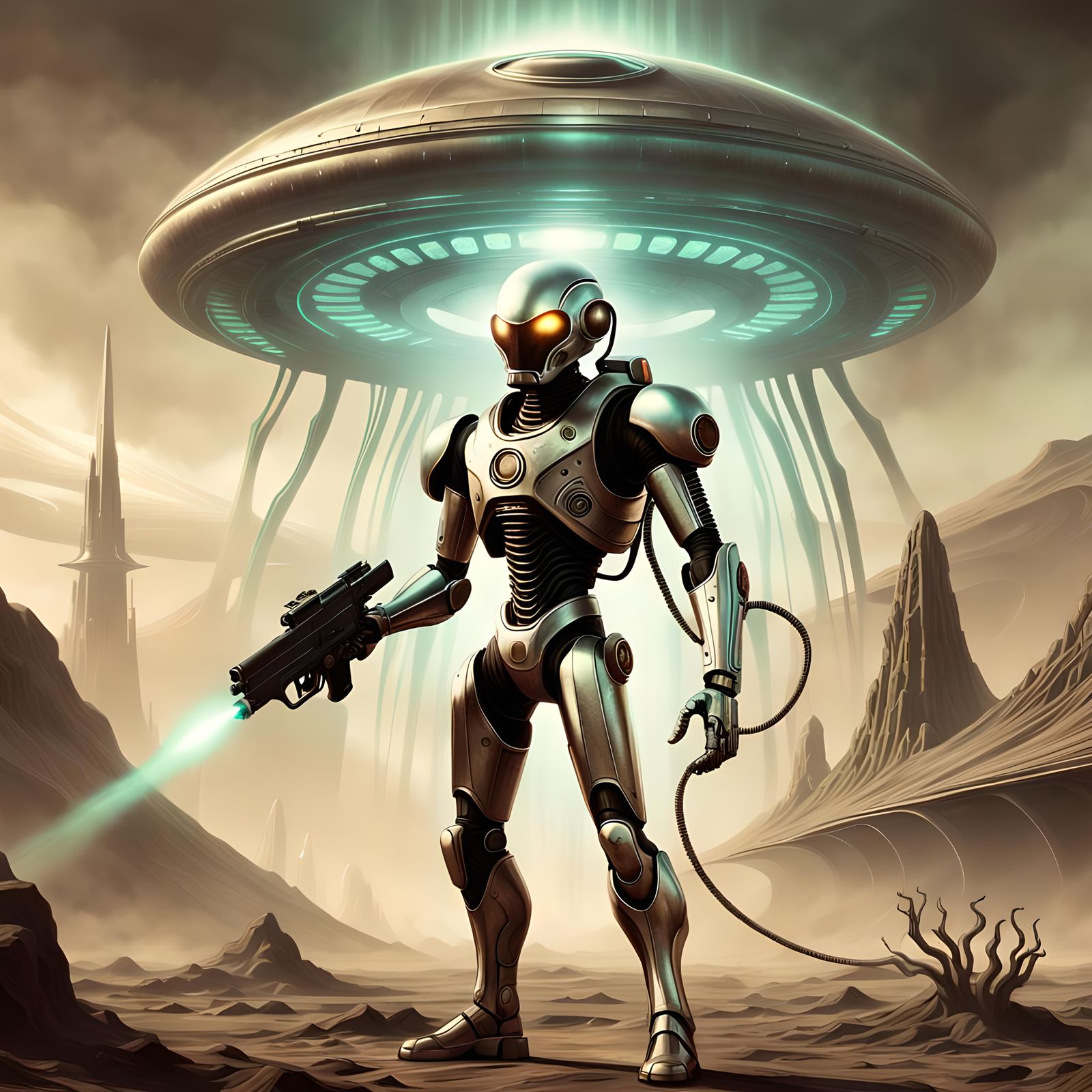 Retro-Futuristic Alien with Ray Gun and UFO