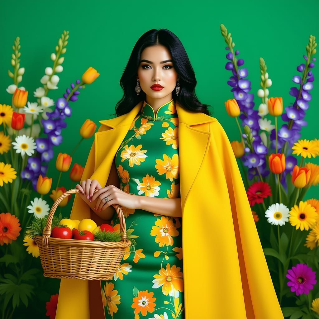 Fashion Portrait of Woman in Floral Qipao and Yellow Coat