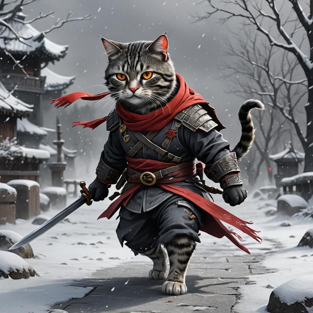 Ninja Cat Digital Illustration in Matte Painting Style