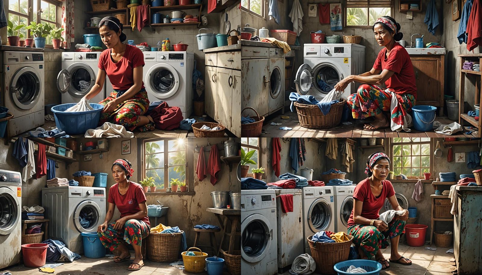 Indonesian Woman Doing Laundry in Anime Style