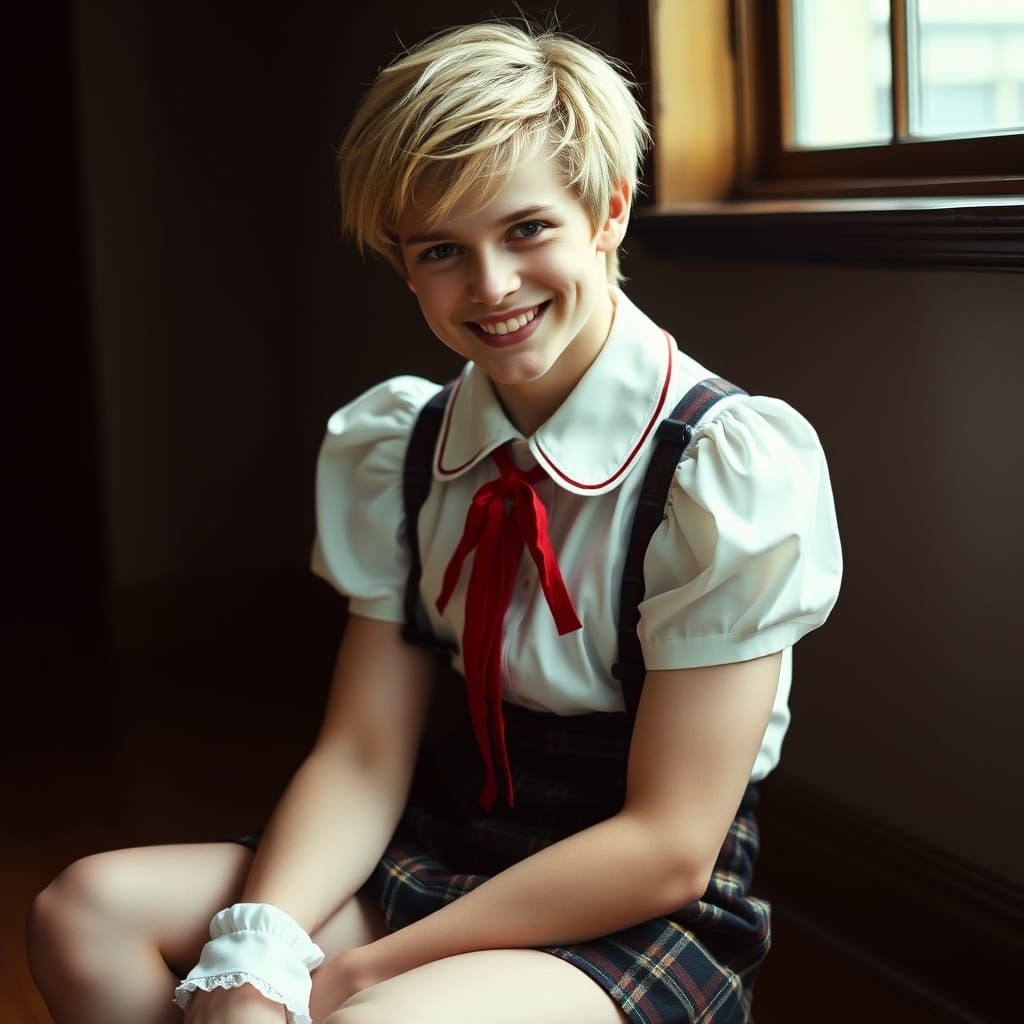 Stylish Young Man in Elegant Blouse and Tartan Skirt