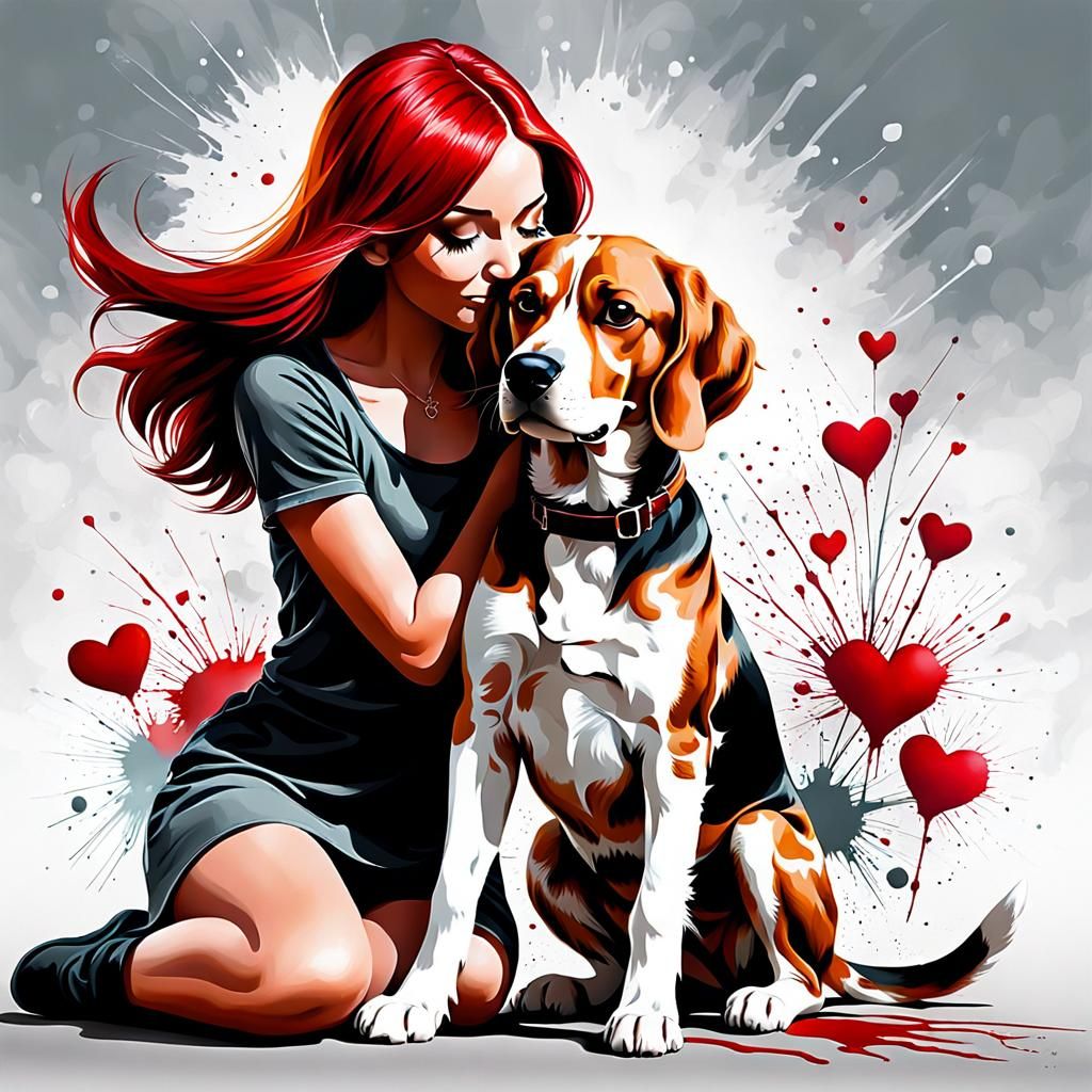 Redhead Girl and Beagle in Airbrush Style