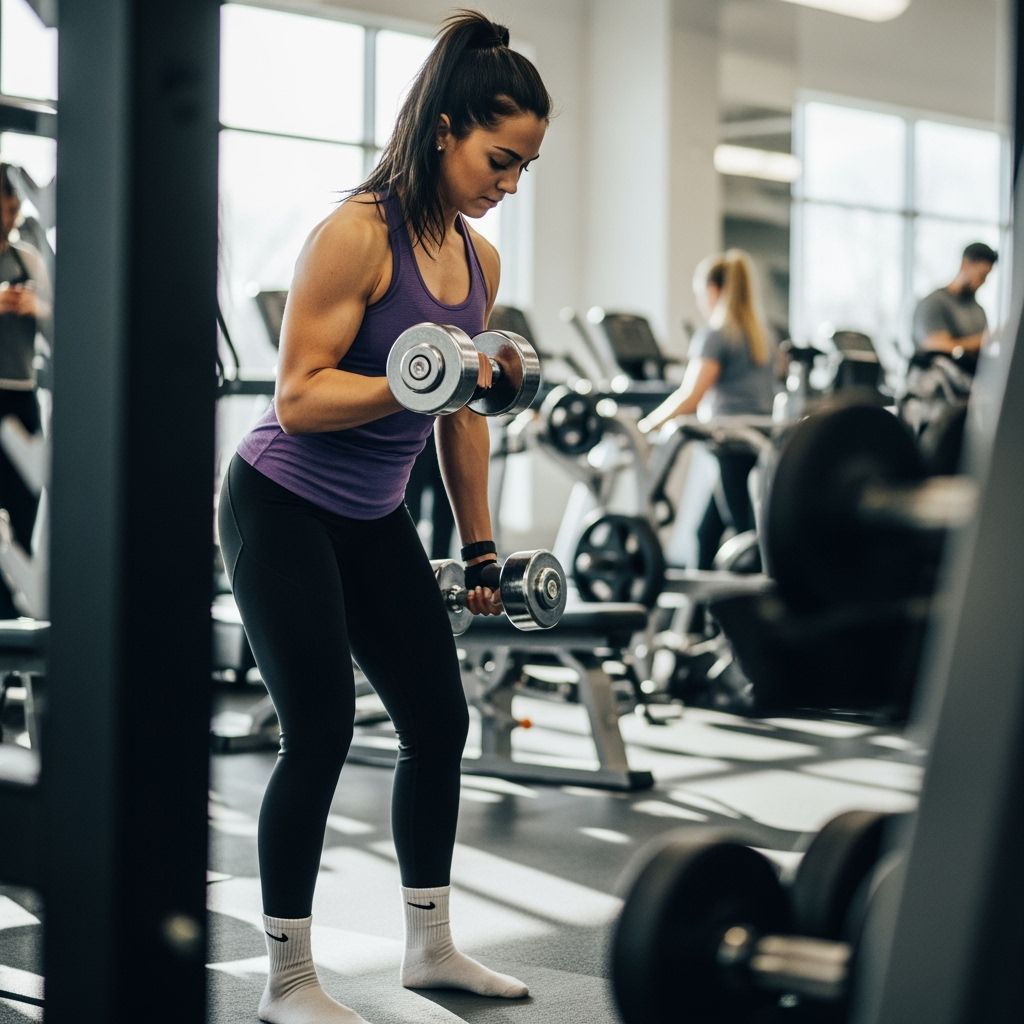 Woman Performing Bicep Curls in Brightly Lit Gym