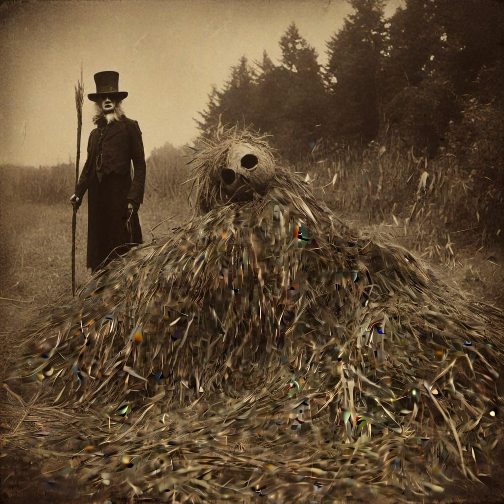 Scarecrow and Hay Bale Monster in Vintage Style