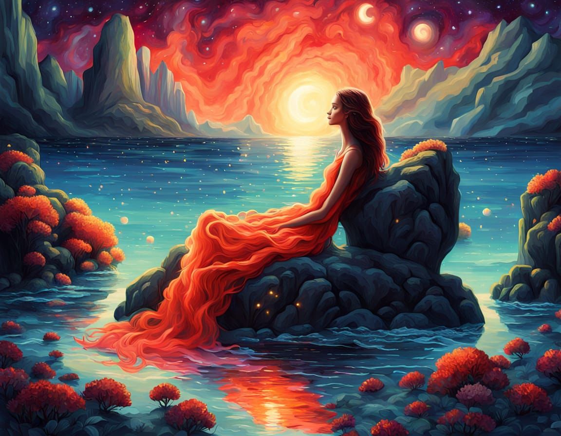 Surreal Siren by Starry Ocean, Dreamlike Oil Painting
