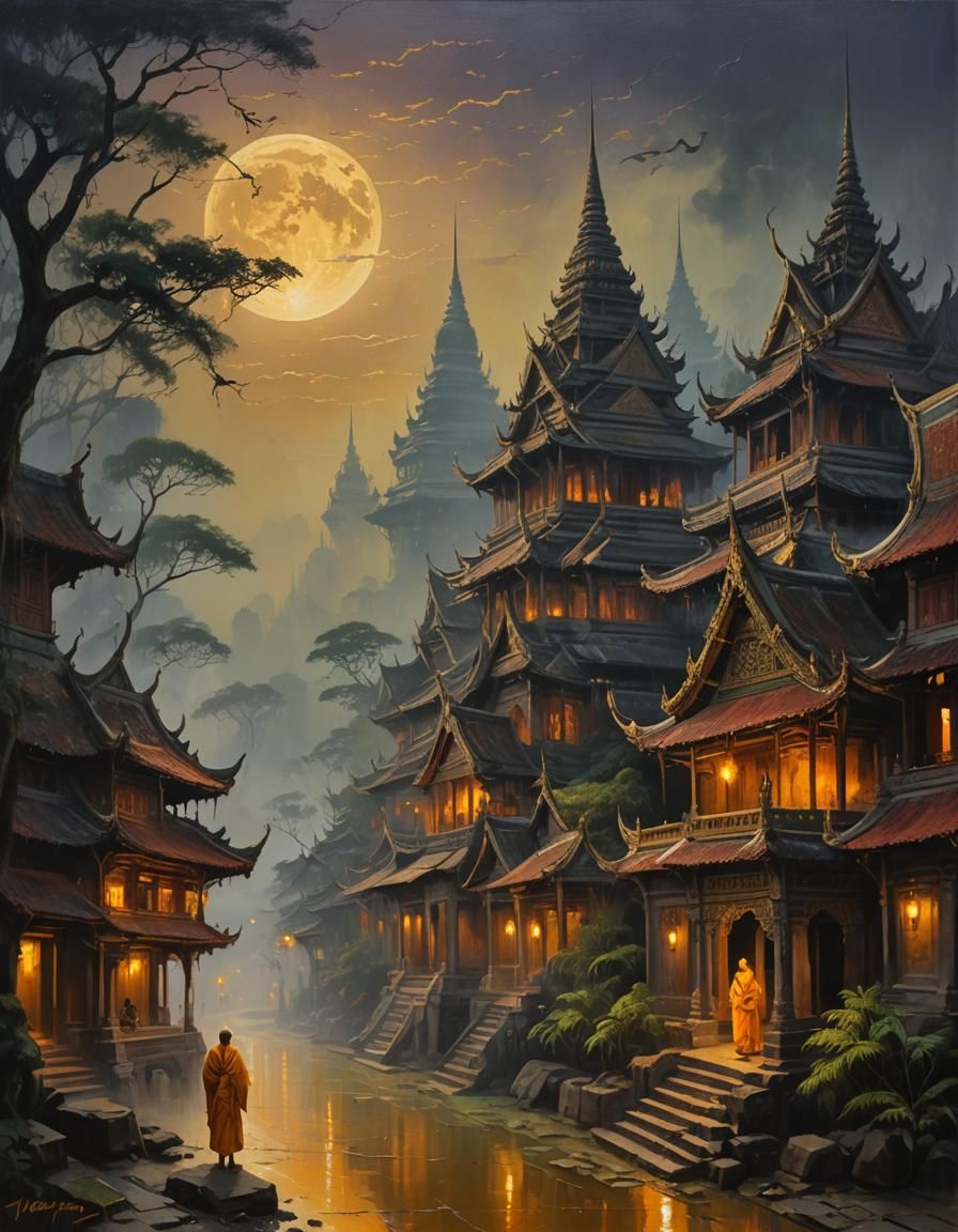 Ethereal Thailand Oil Painting with Mythical Elements