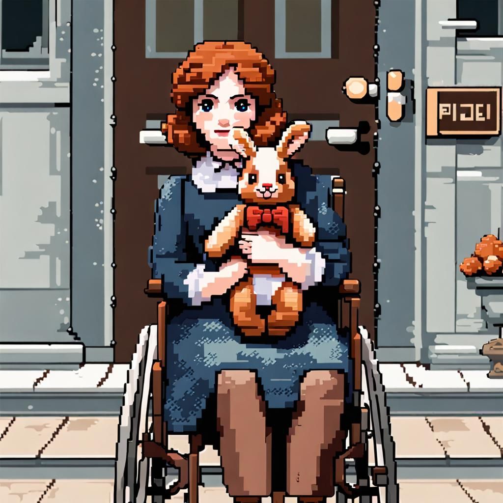 Pixel Art Woman in Wheelchair with Rabbit