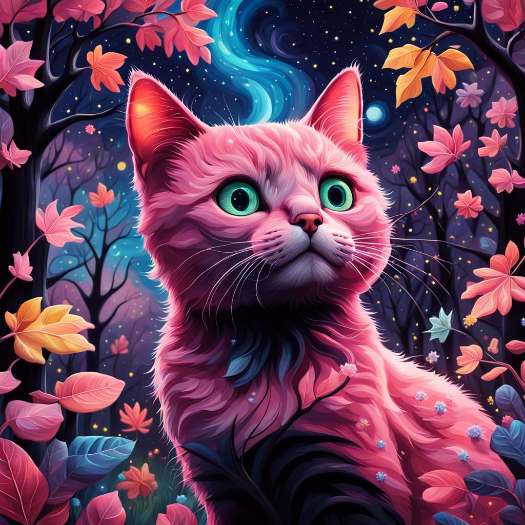 Pink Cat in Starry Night, Pixar Style