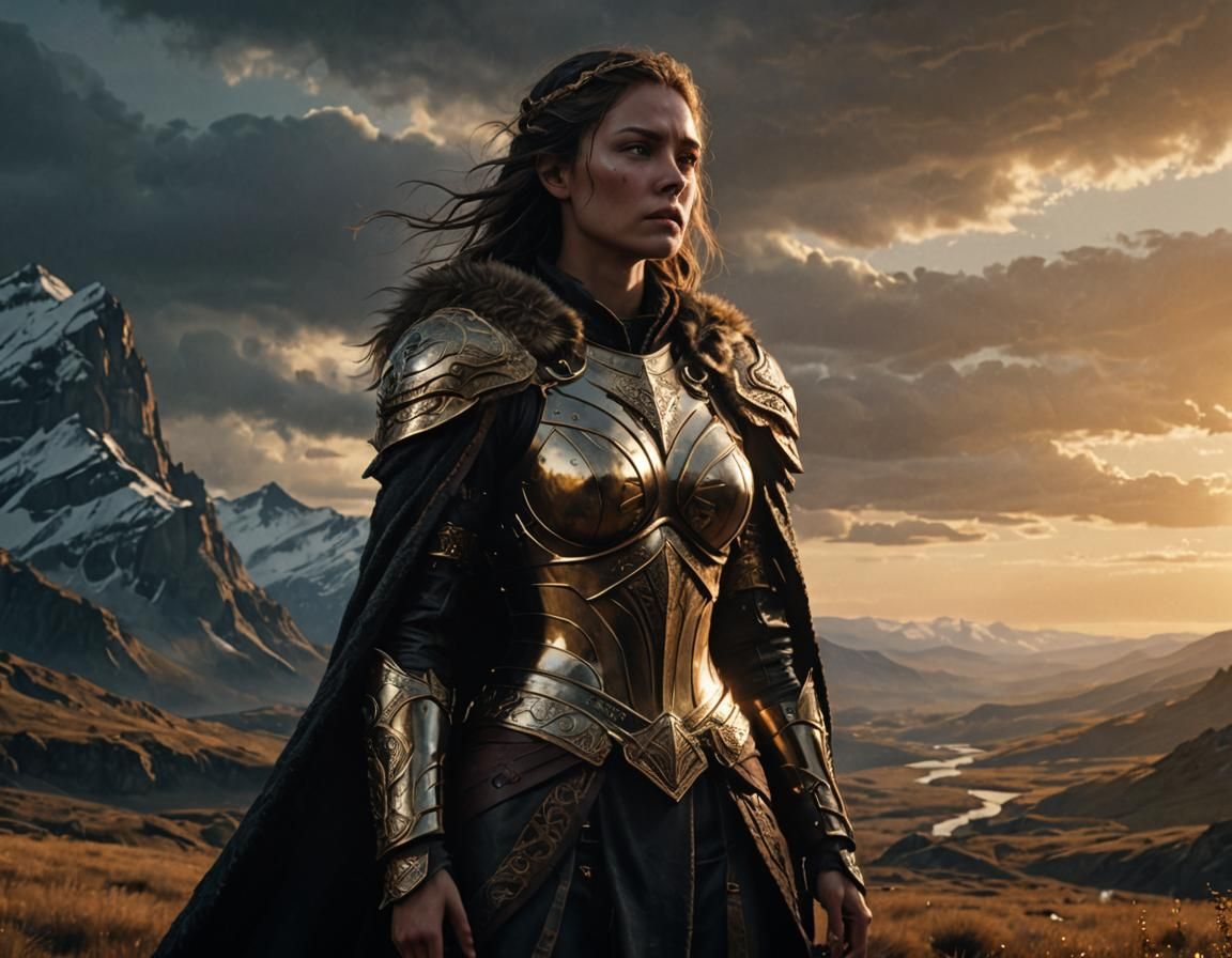 Warrior Goddess in Nordic Landscape, Dark Fantasy Art