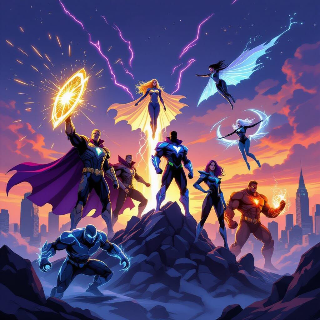 Superheroes Over Futuristic City at Sunset
