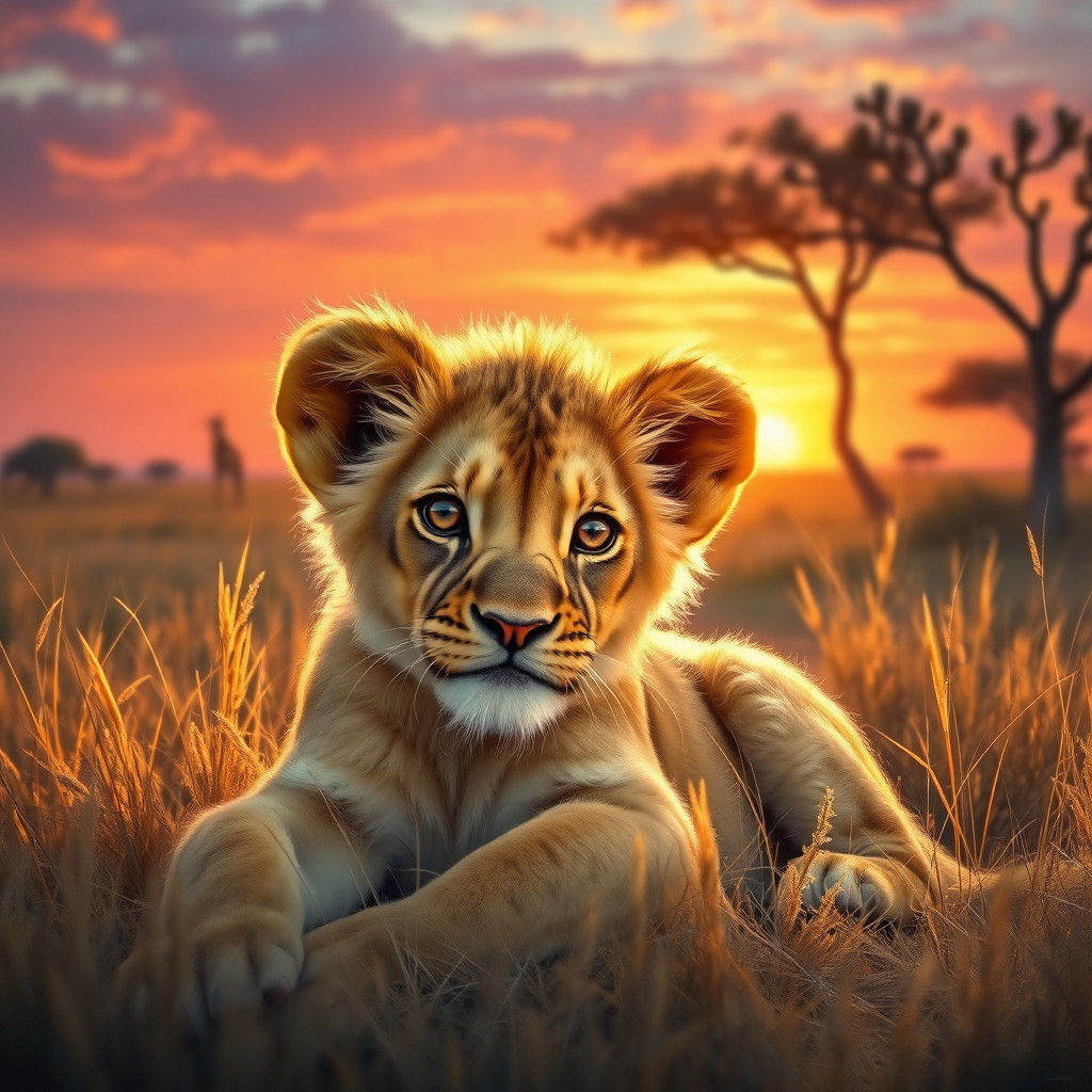 Baby Lion in Savanna Sunset, Wildlife Realism