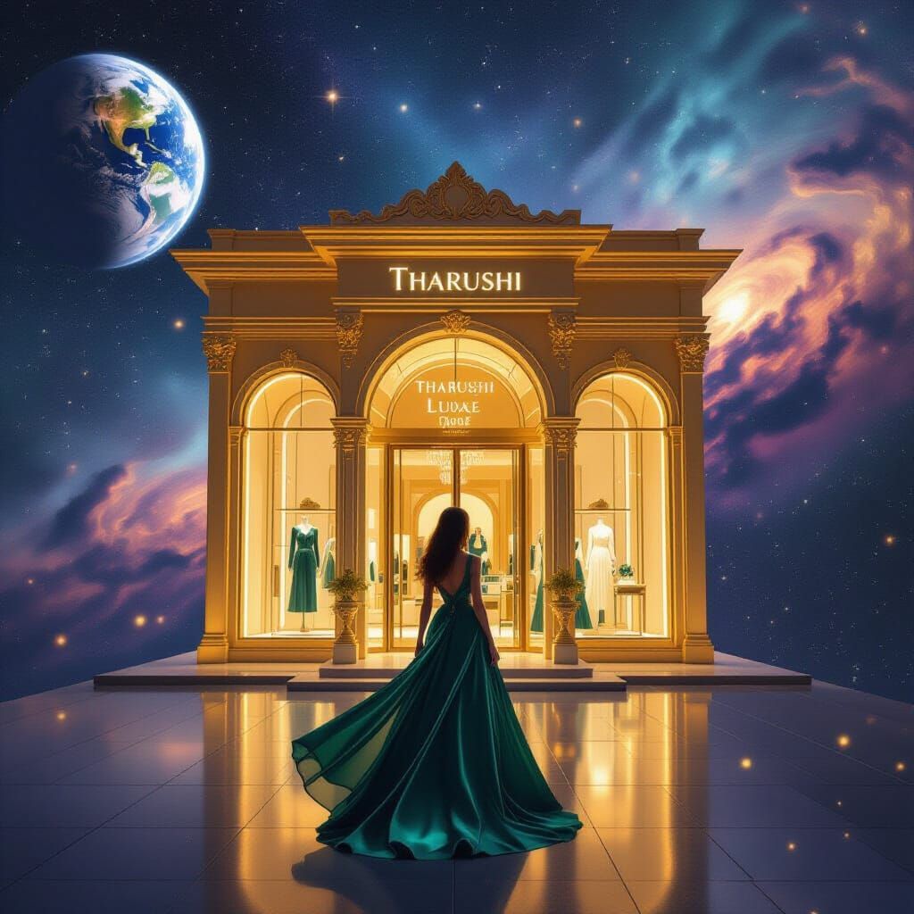 Tharushi Luxe: Golden Boutique in Cosmic Space with Model