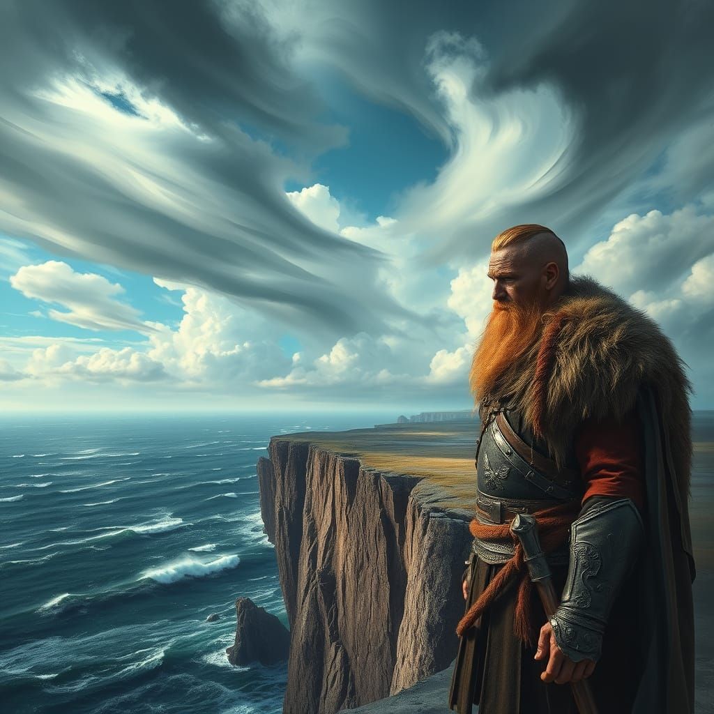 A lone viking warrior stands on a desolate, windswept cliff ...