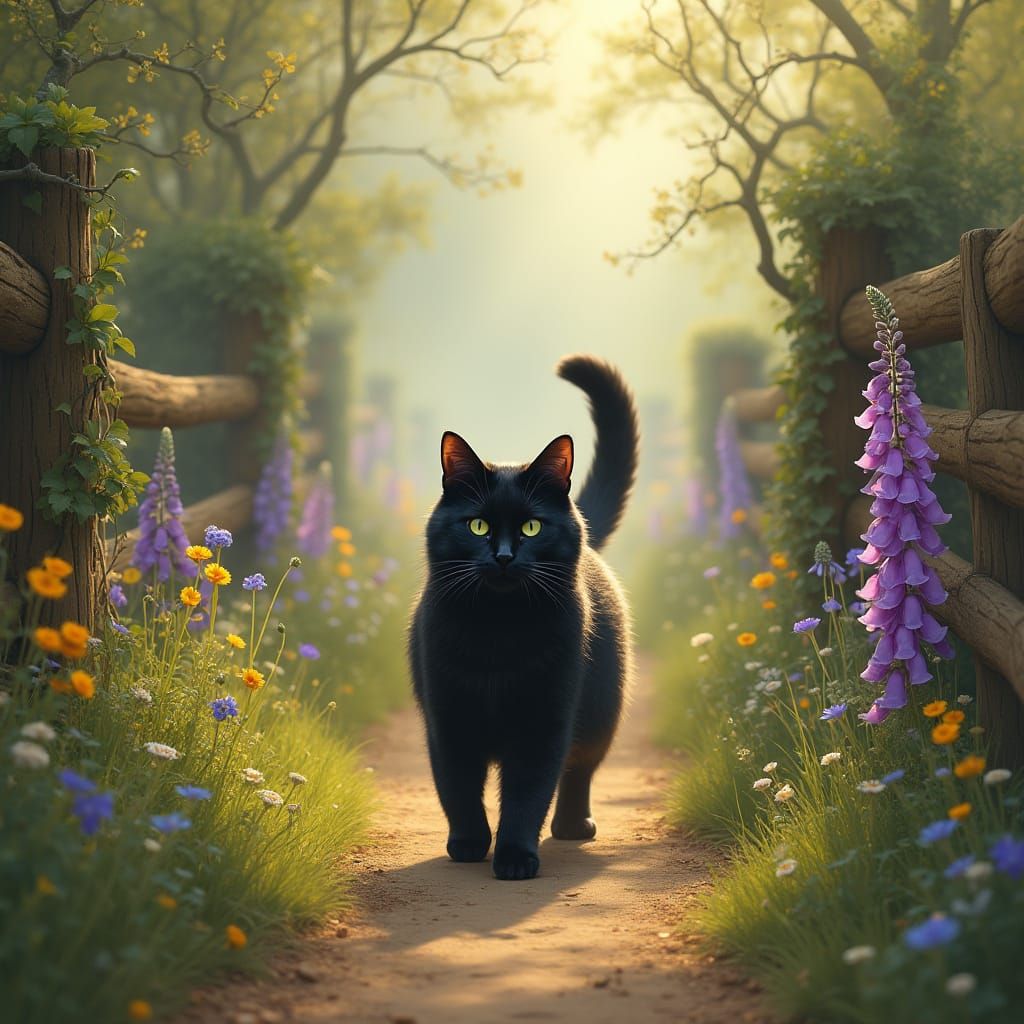 Whimsical Black Cat Strolls through Enchanted Countryside
