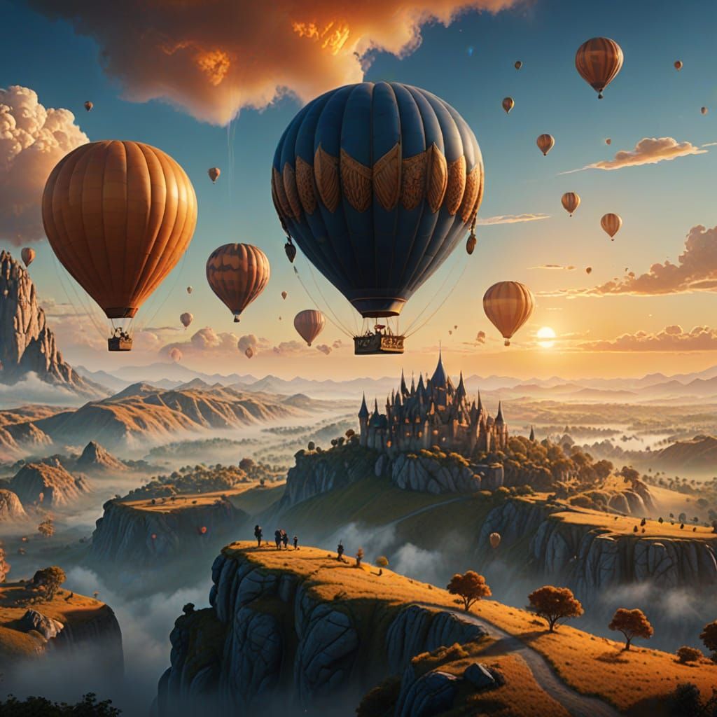 Hot Air Balloon Flies Over Fantasy Landscape