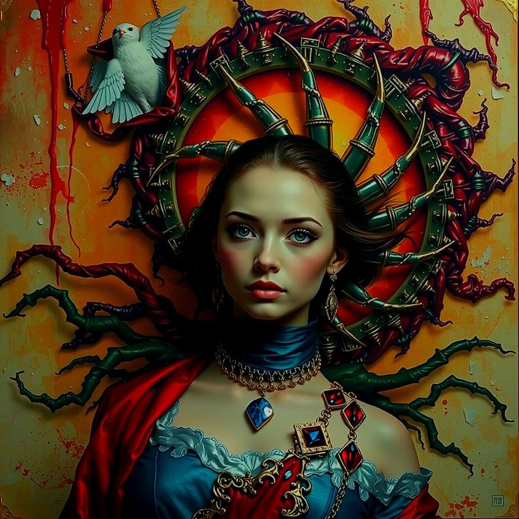 Abstract Red Swirling Vortex of Twisting Curves