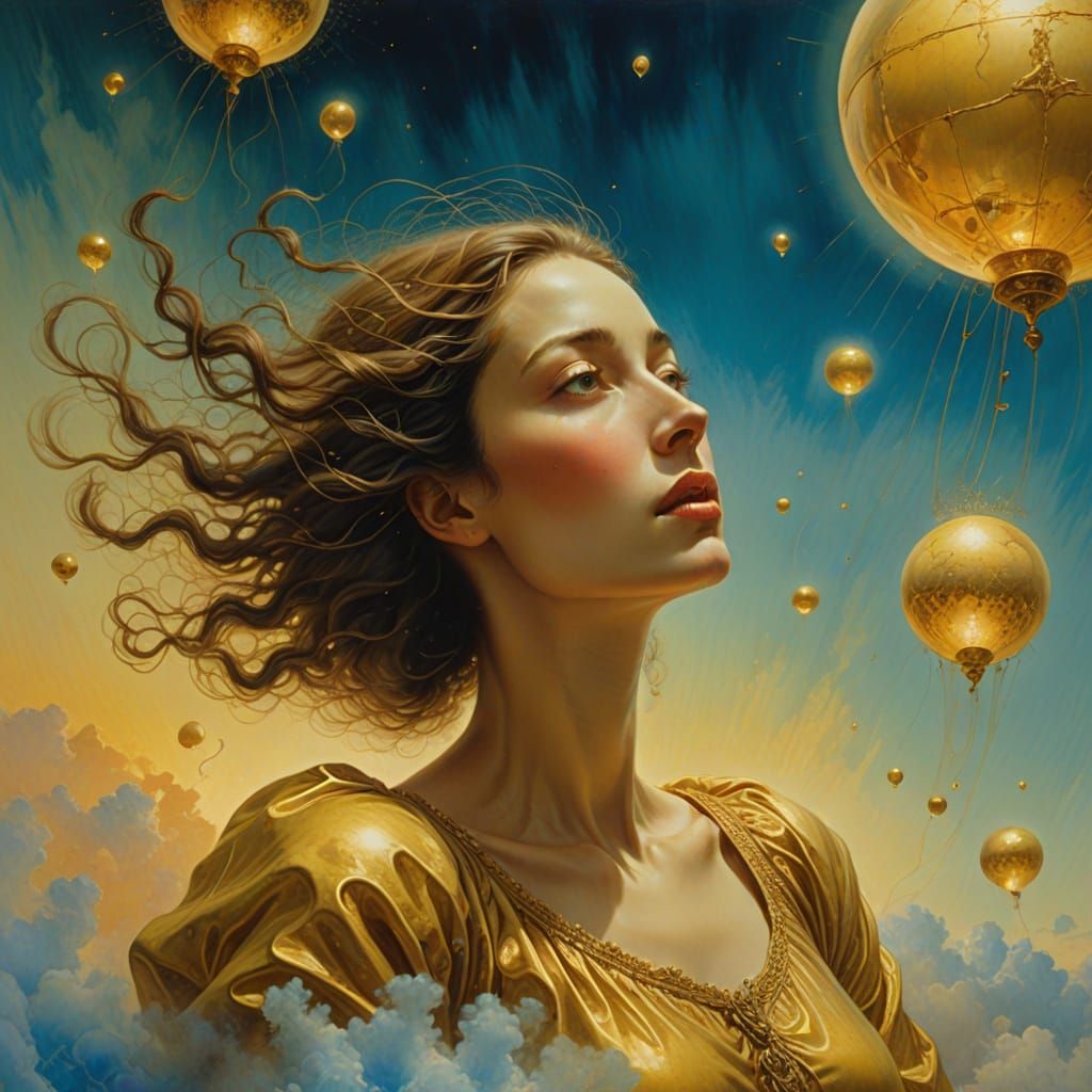 Ethereal Woman Floating: A Surreal Oil Painting