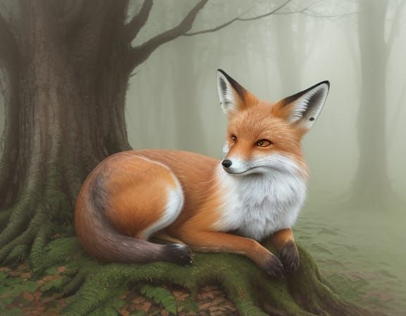 Whimsical Fox in Misty Forest Watercolor