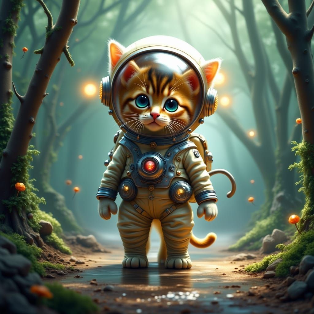 Astronaut Cat in Misty Forest Painting