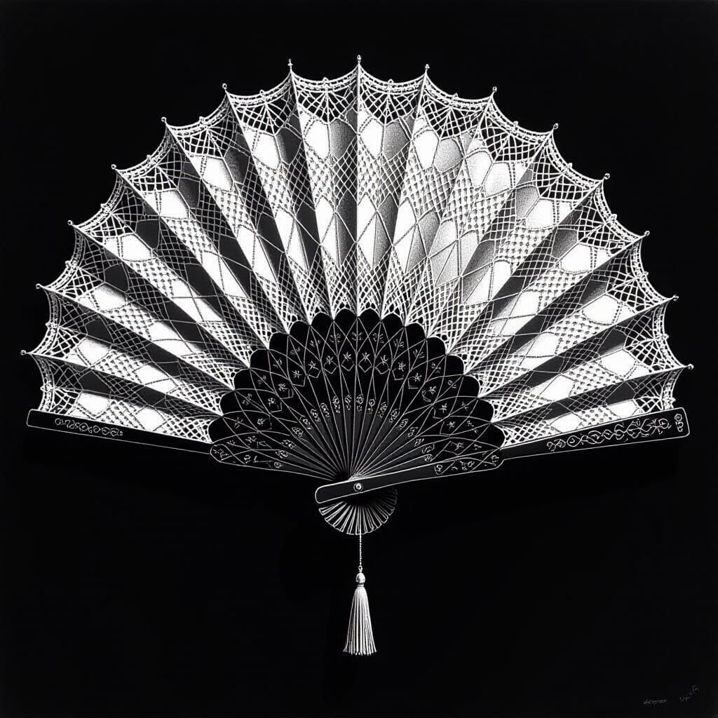 Vintage Hand Fan with Spiderweb Textures as Charcoal Drawing