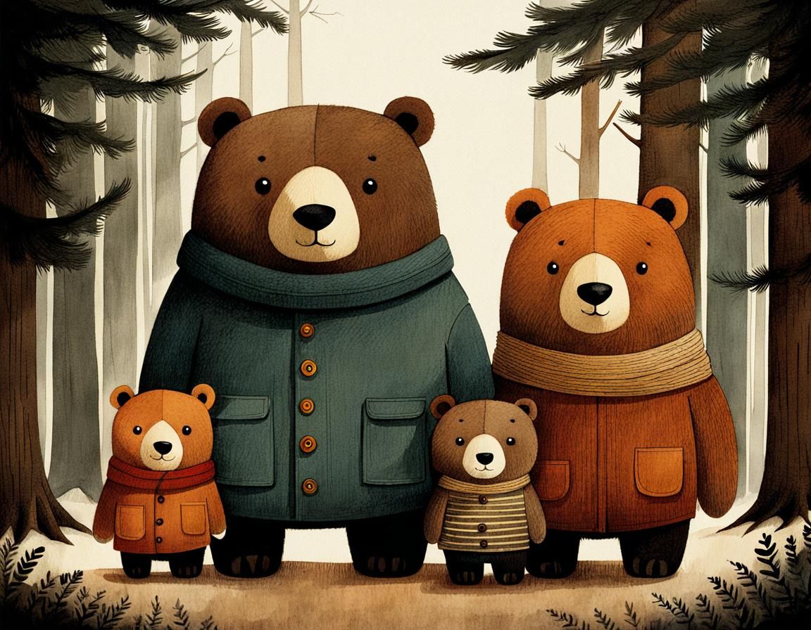Teddy Bear Family in Storybook Illustration Style