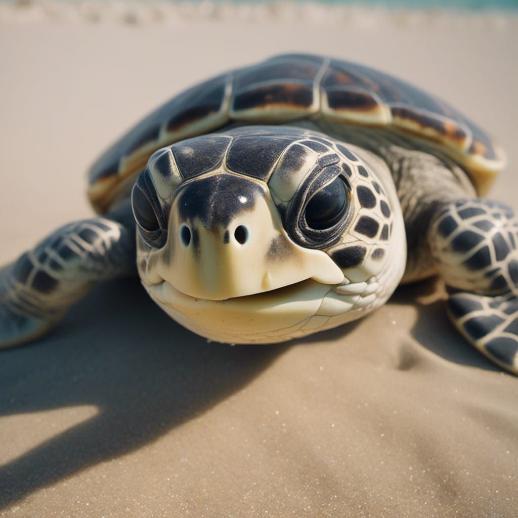 Baby Sea Turtle Face Close-up on Beach