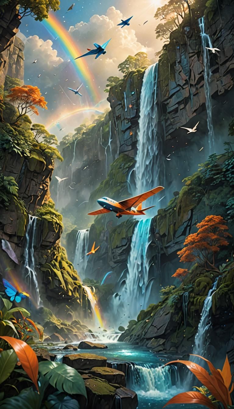 Paper Plane Flies Over Waterfall: Fantasy Concept Art