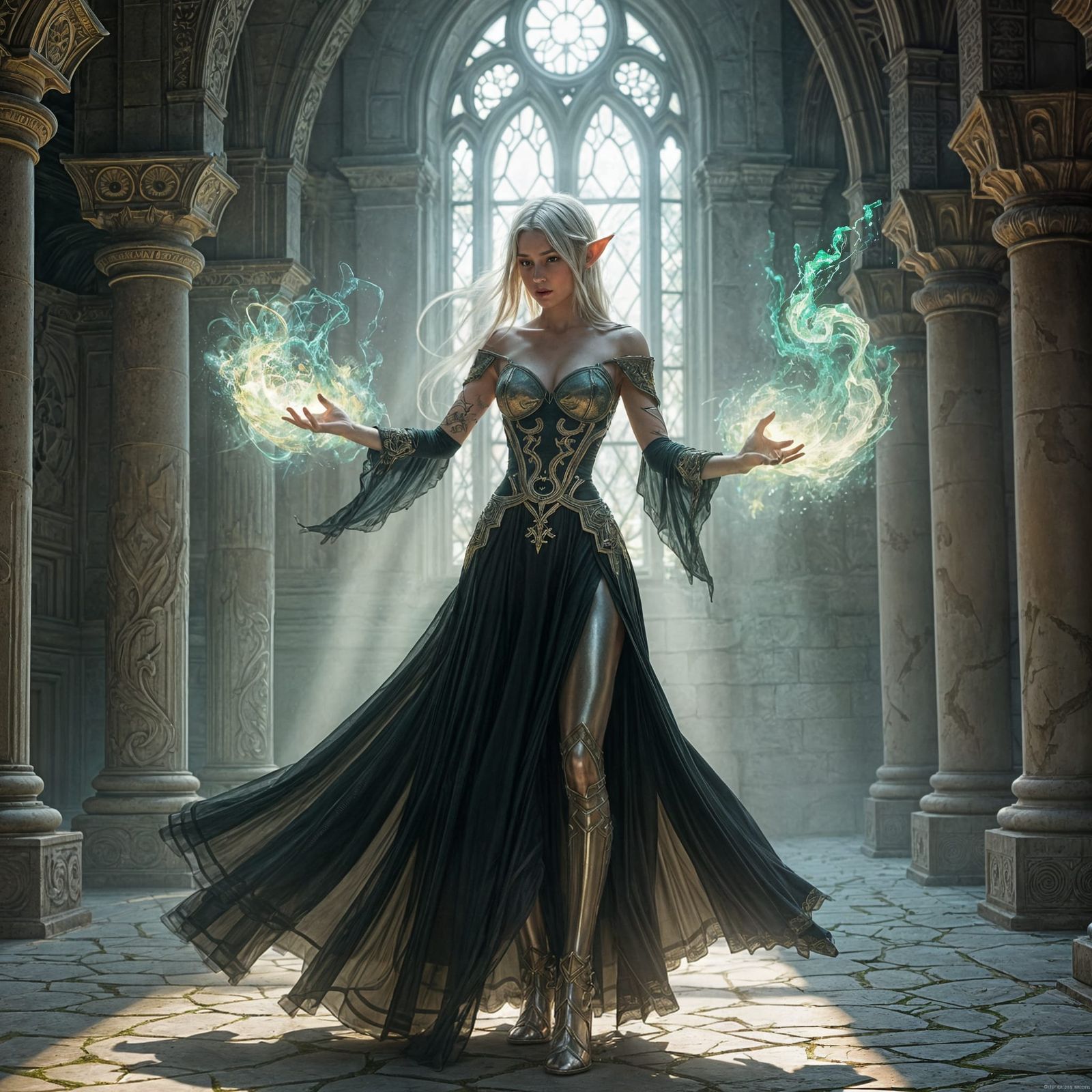 Frieren Casting a Spell in a Ruined Castle