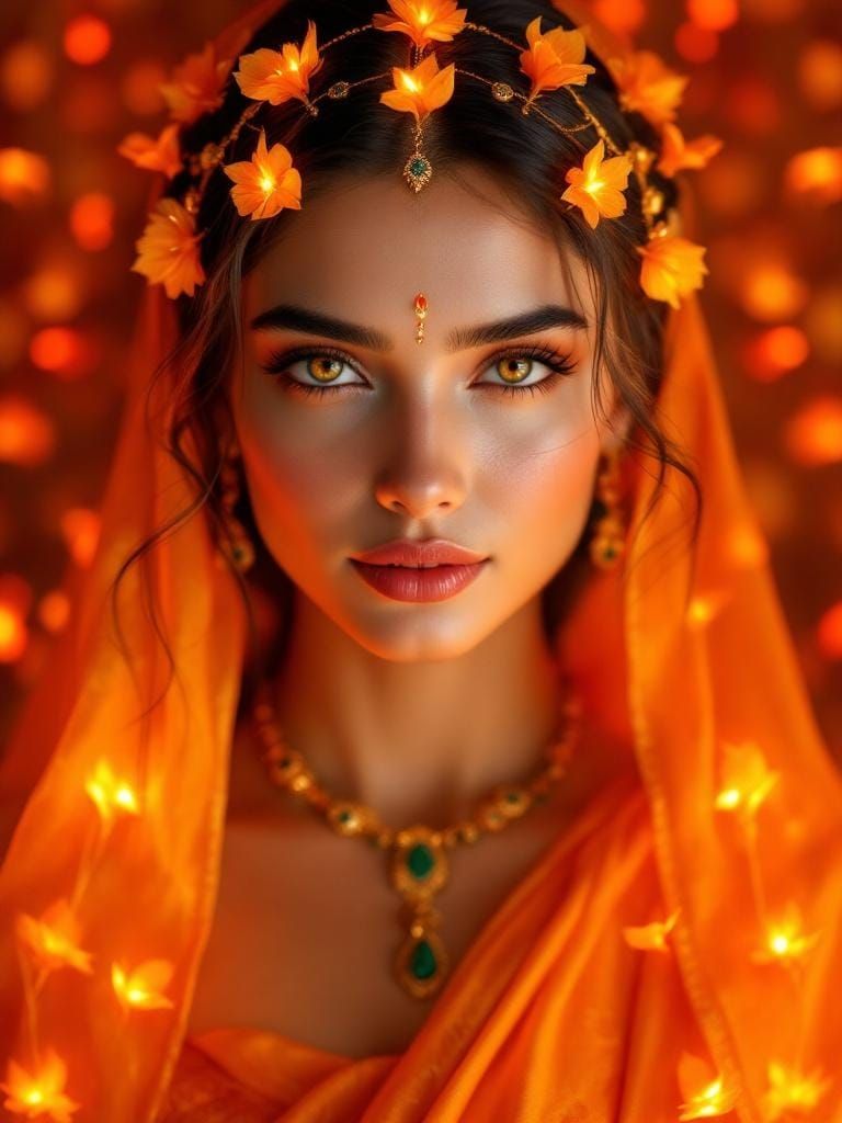 Devata Portrait with Flame Veil and Silk Sari