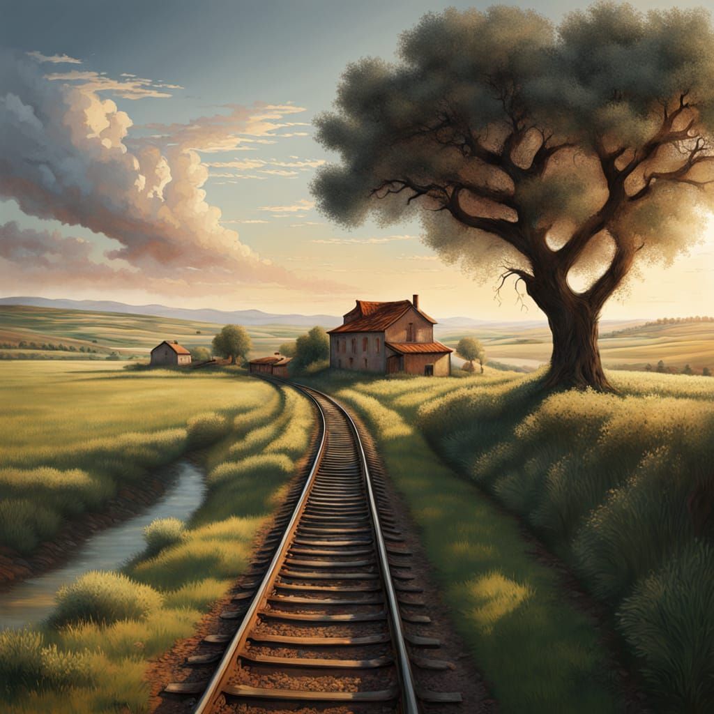 Ancient Oil Painting of Train Through Green Fields and Villa...