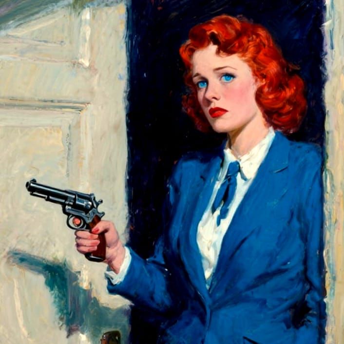 Elegant Woman with Pistol: Impressionistic Oil Painting