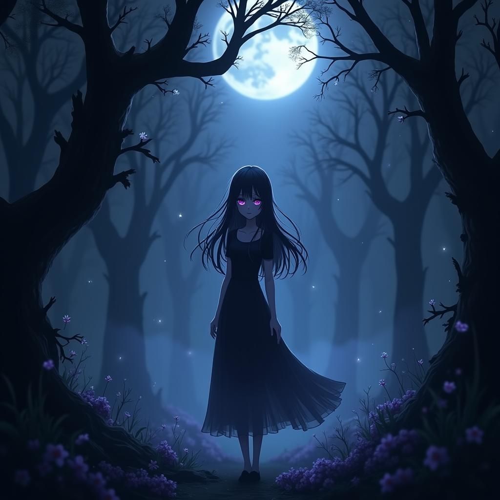 Ethereal Anime Girl in Ghostly Forest Dreamscape