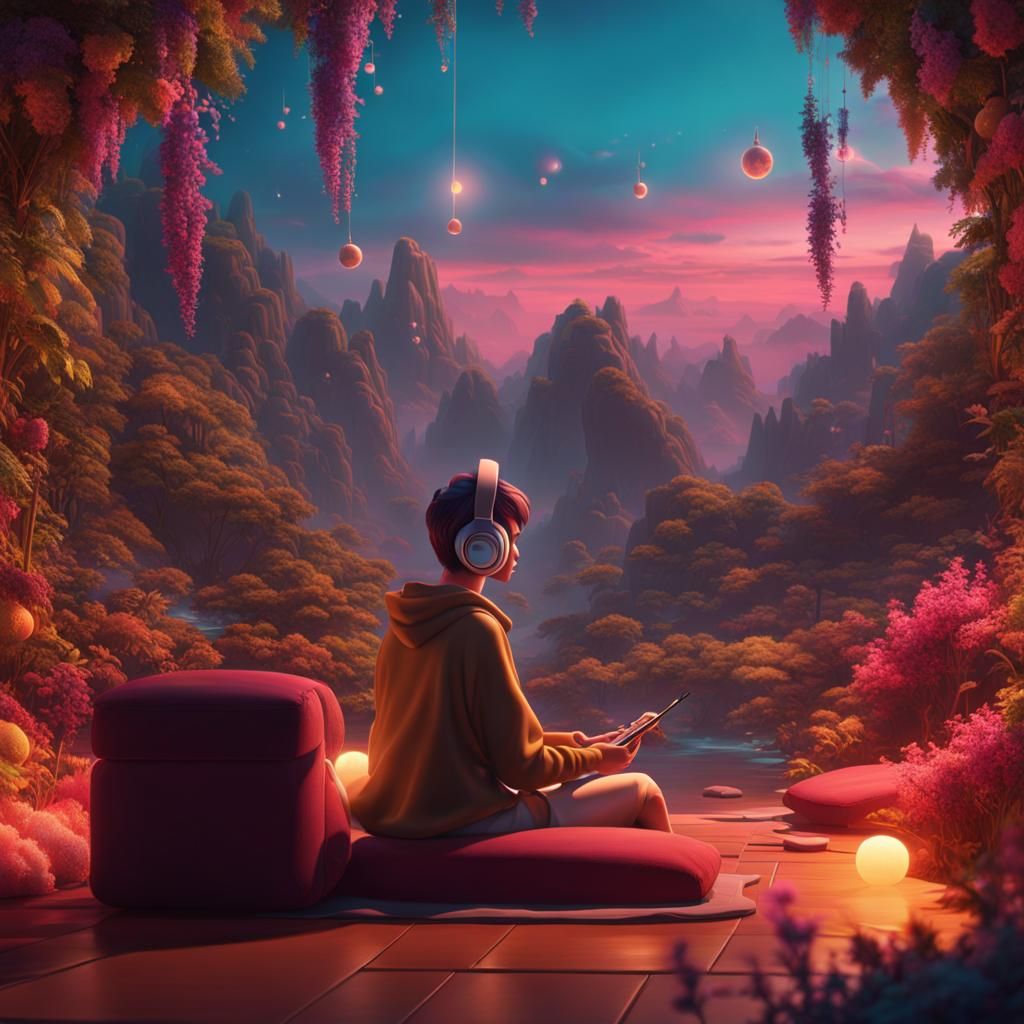 Person Listening to Lofi Music: Detailed Matte Painting